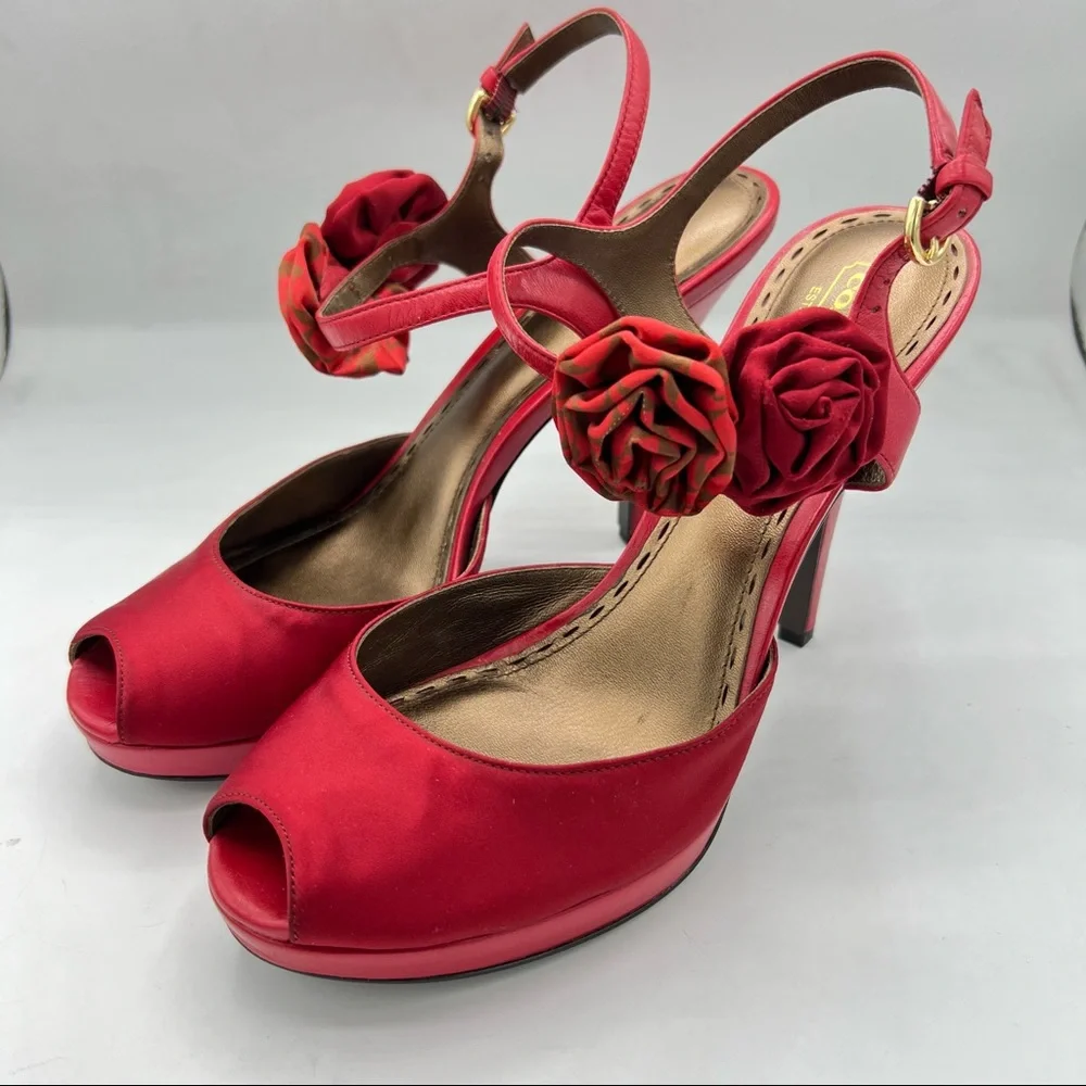Coach Addysen Red Leather & Silk Rosette Heeled Peep Toe Shoes, Size 9.5B (Med)
